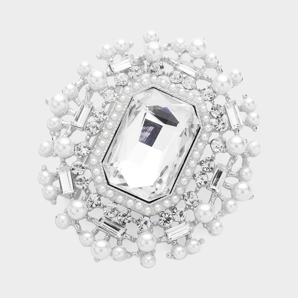 White Silver Crystal Rectangle Glass Stone Big Large Statement Brooch Pin Pearl